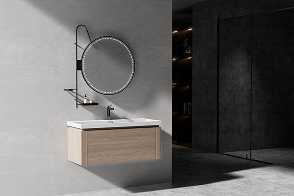 Minimalist Wood Grain Color Wall Mounted Bathroom Cabinet With Led Smart Mirror