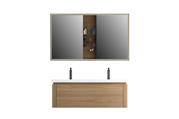 Minimalist Wood Grain Color Wall Mounted Bathroom Cabinet With Led Smart Mirror